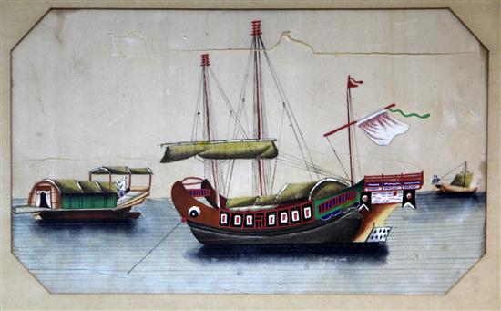 Three Chinese pith paintings of boats, 19th century, images 18.5 x 31cm, tears